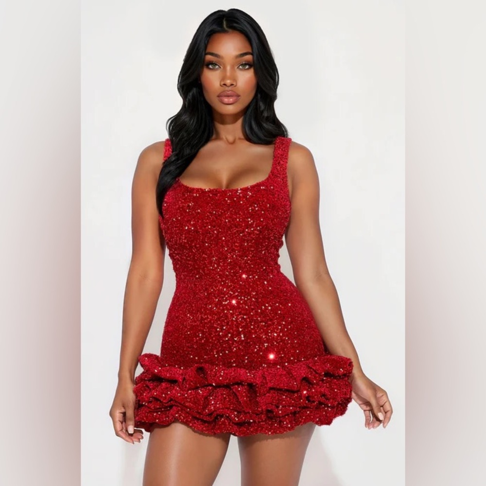 NWT Fashion Nova Red Sequin Scoop Neck Mini Dress with Ruffled Hem